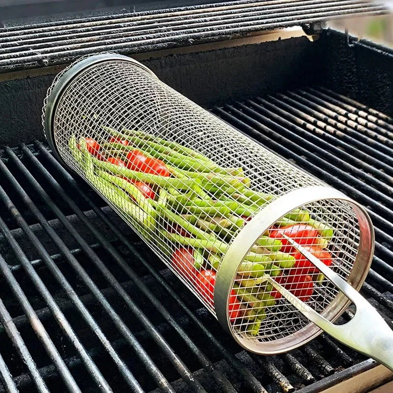 Round BBQ Basket Stainless Steel Rolling Grilling Basket Wire Mesh Cylinder Grill Basket Portable Outdoor Camping Barbecue Rack Peaceful Pleasures Health and Wellness