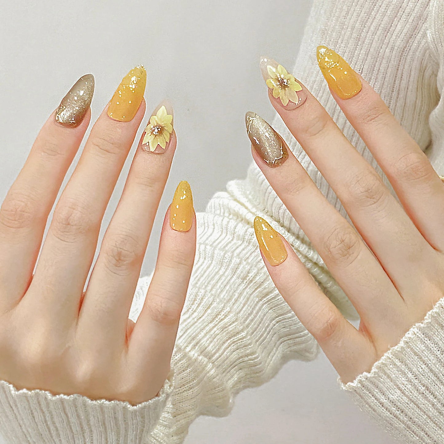 Handmade Press on Nails Shiny Cat Eyes Almond Fake Nails with Sunflower Hand-printed Glossy yellow False Nail Wearable Design Peaceful Pleasures Health and Wellness