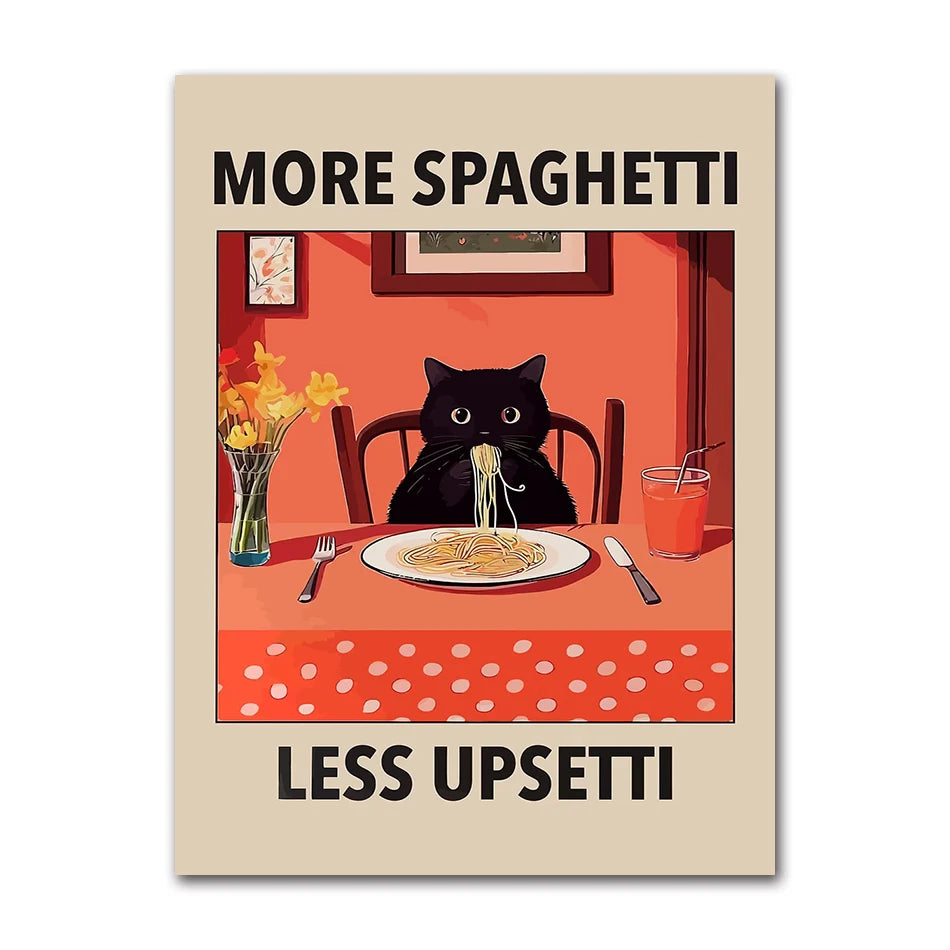 Cat with Cocktail Smoking Poster Canvas Painting Print Wall Art for Living Room Home Decor More Spaghetti, Less Upsetti Black Peaceful Pleasures Health and Wellness T81885-06 30x40cm
