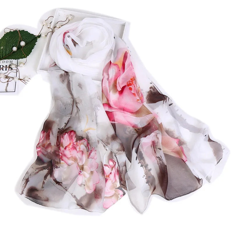 Women's Ink Lotus Chiffon Scarf – Lightweight Floral Print