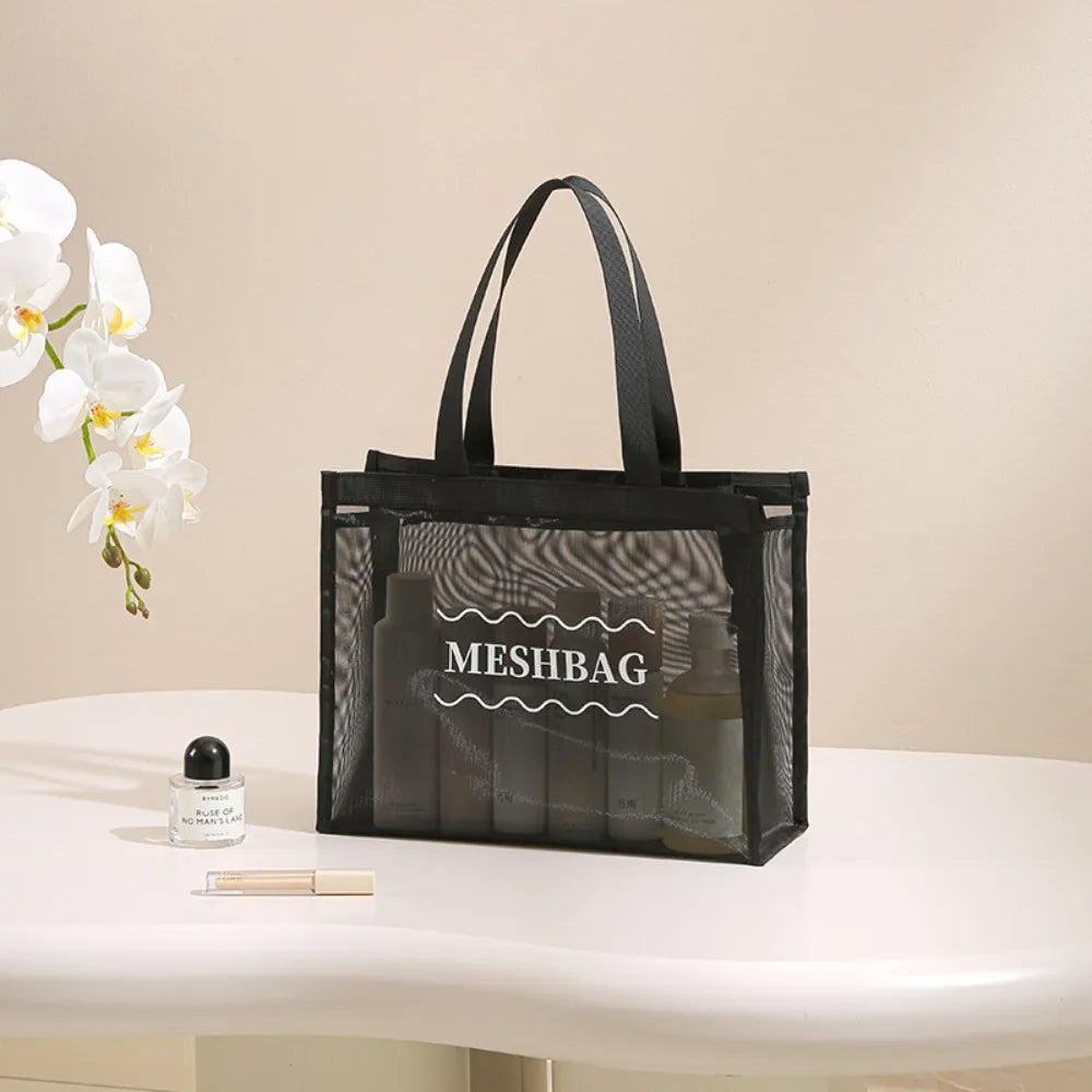 Large Capacity Shoulder Bag Hollow Mesh Transparent Swim Tote Bag Multifunctional Waterproof Beach Toiletry Storage Bag Women Peaceful Pleasures Health and Wellness Black-S
