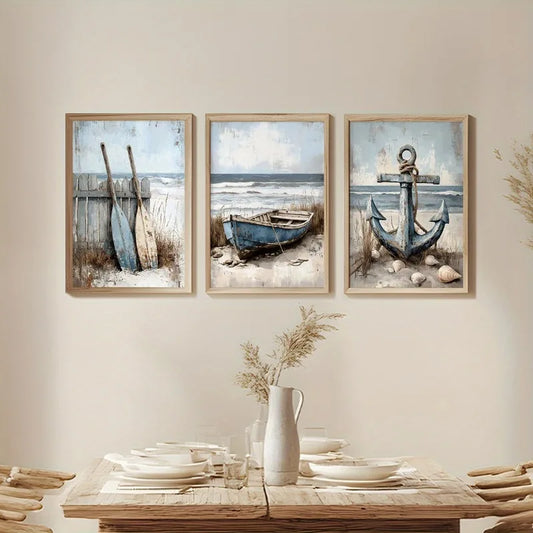 3pcs Canvas Wall Art Prints - Contemporary Nautical Beach Decor, Frameless Ocean Themed Paintings Modern Aesthetic Home Decor Peaceful Pleasures Health and Wellness