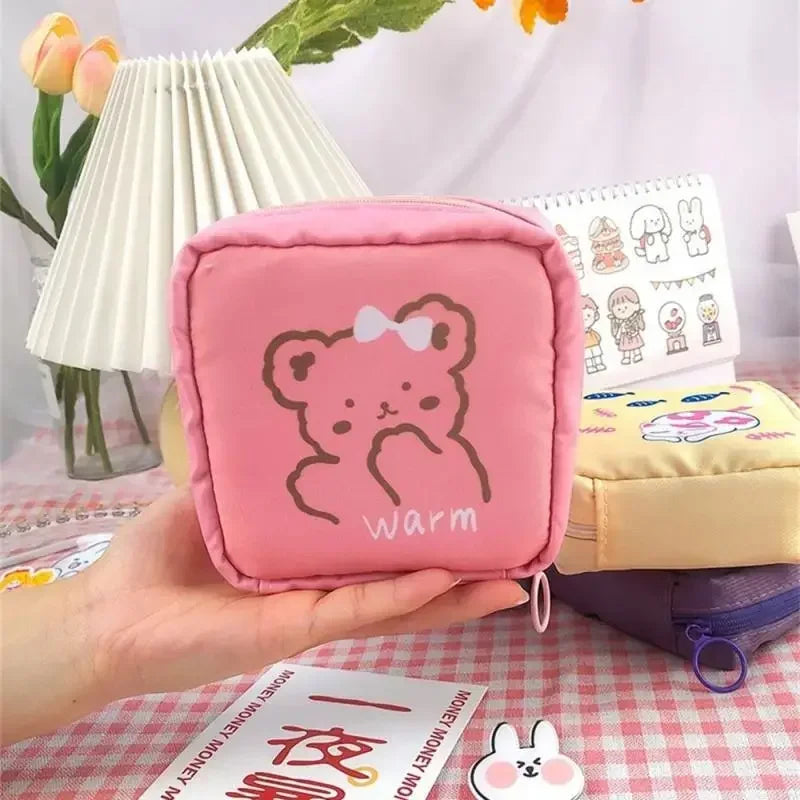 Women Sanitary Napkin Tampon Storage Bag Cartoon Pattern Portable Waterproof Organizer Pouch Napkin Bag Ladies Makeup Small Bag Peaceful Pleasures Health and Wellness