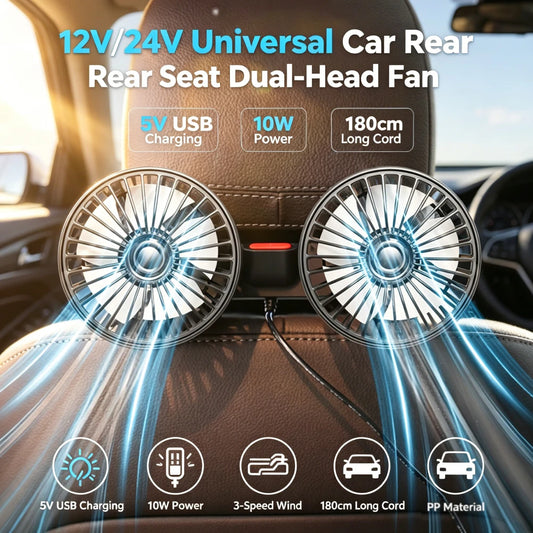 Car Fan 360° 3-speed Car seat Back Cooling Fan USB Charge Dual Head Fan Adjustable Rotation Neck Cooler for Car Home Accessories Peaceful Pleasures Health and Wellness