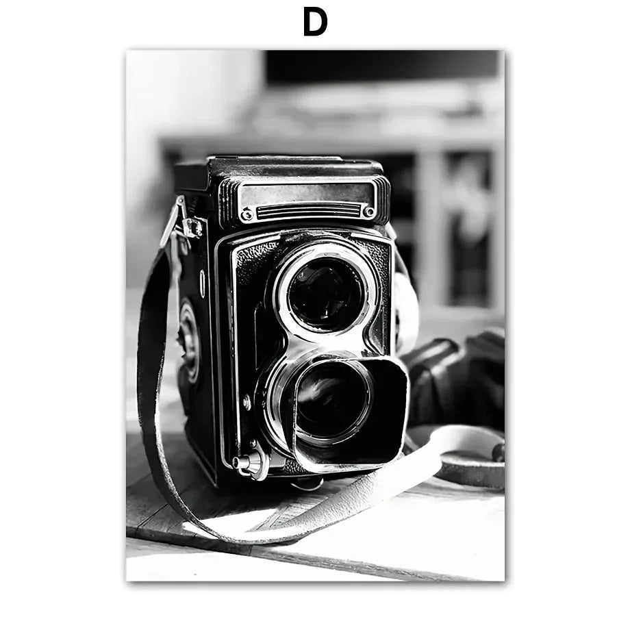 Black & White Retro Canvas Wall Art | Camera Gramophone Print