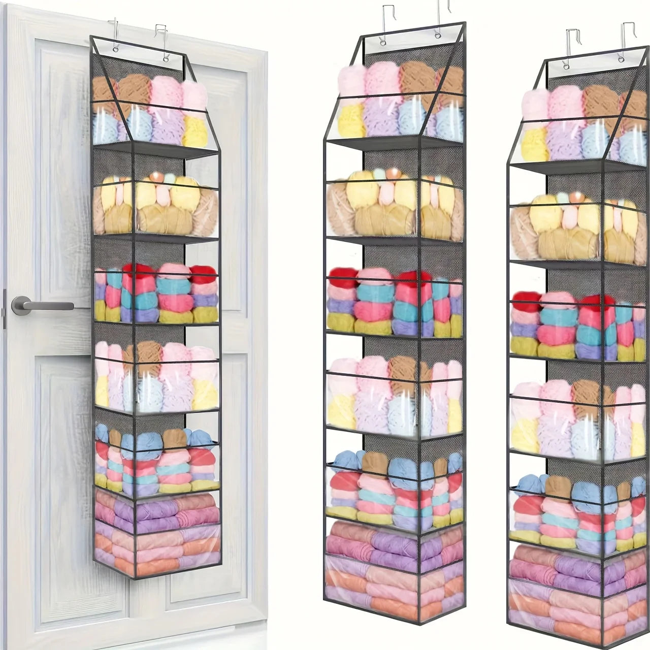 Door-Mounted Yarn Organizer – 6 Clear Bags & 2 Hooks