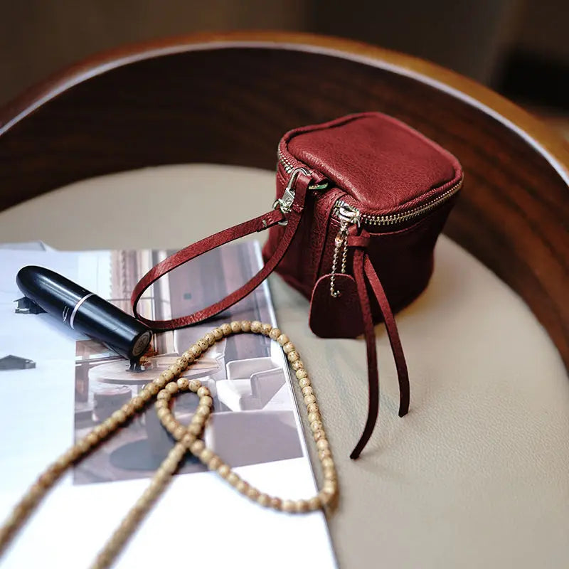 Leather Square Storage Bag Portable Hanging Zero Wallet Mini Makeup Bag Coin Holder Headphone Organizer Travel Essential Peaceful Pleasures Health and Wellness Burgundy