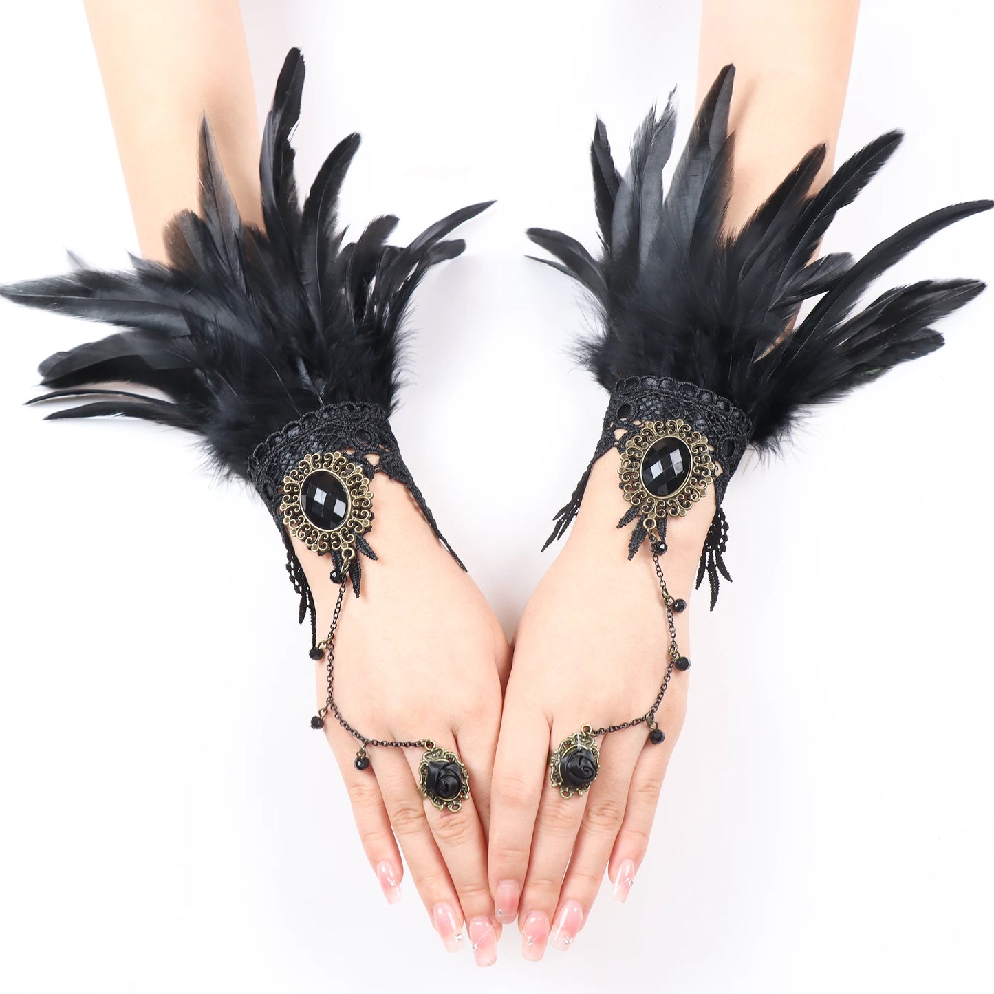 Lace Feather Wrist Cuffs Rave Gloves Steampunk Gothic Glove Sleeve