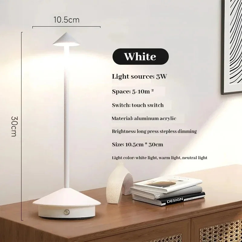 3 Color Rechargeable Table LED Lamp Touch Sensor Night Desk Lamp for Restaurant Hotel Bar Bedroom Stepless Dimming Light Peaceful Pleasures Health and Wellness White