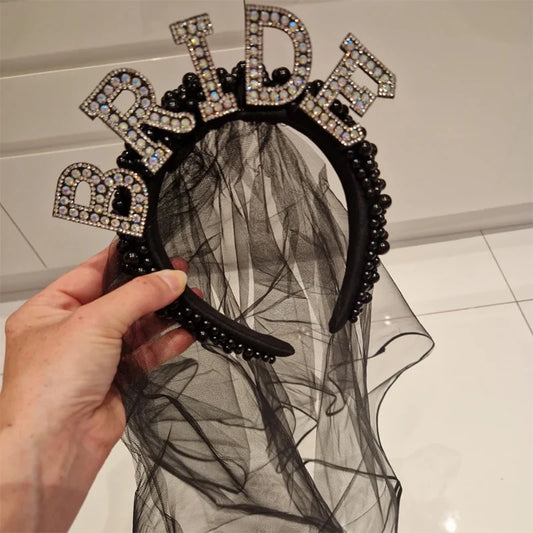Gothic Black Bride Pearl Crown with Veil | Halloween Wedding Bridal Crown Headpiece Peaceful Pleasures Health and Wellness bride