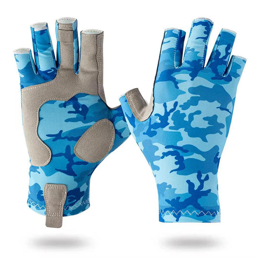 Fishing Gloves UV-resistant and Anti-slip Gloves Sun-protective Half-finger Outdoor Sea Fishing Sports Gloves Peaceful Pleasures Health and Wellness Camouflage blue L