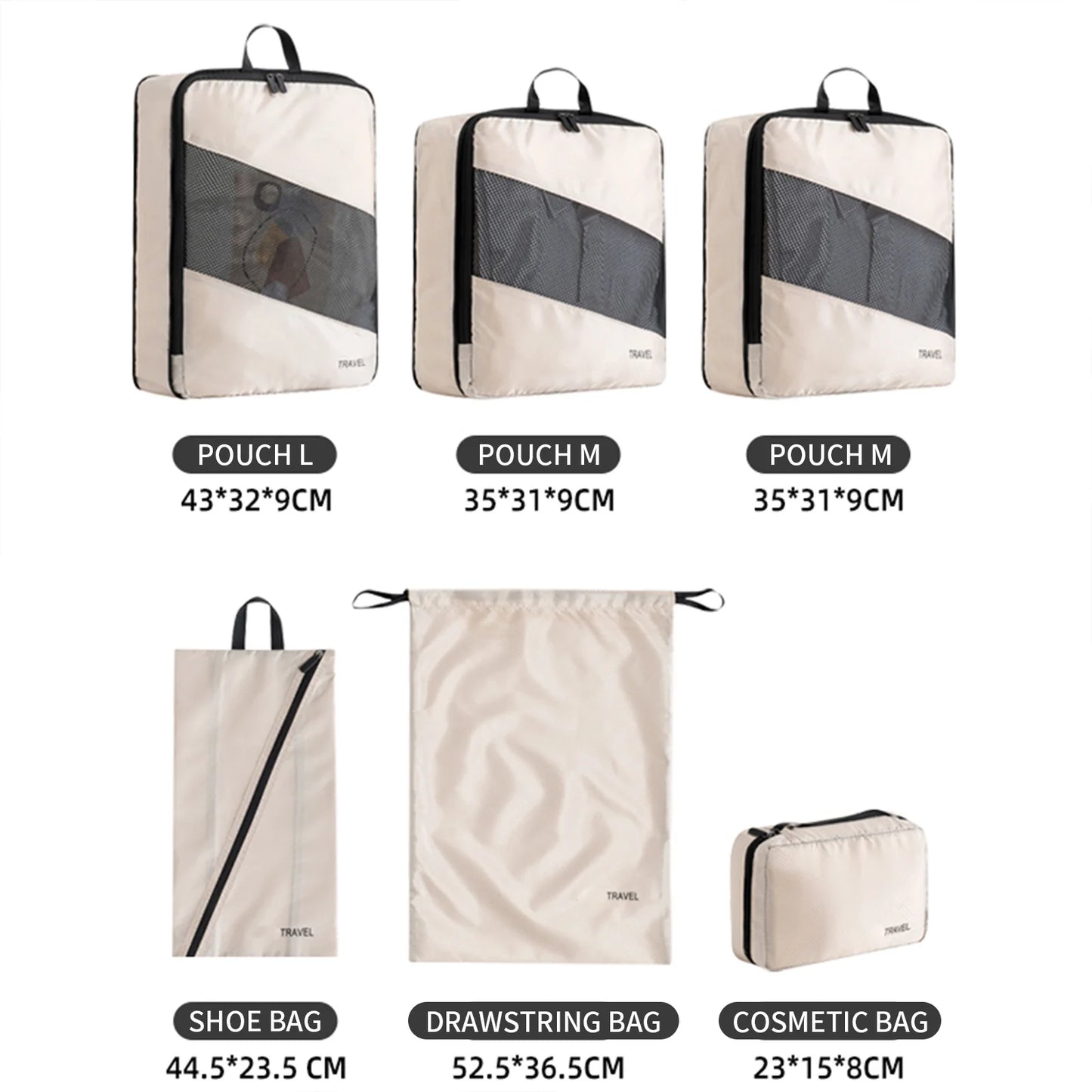 5/8pc Set Compression Packing Cube Extensible Waterproof Organizer Bags for Travel Suitcase Clothing Luggage Sorting W/ Shoe Bag Peaceful Pleasures Health and Wellness 6pc Beige