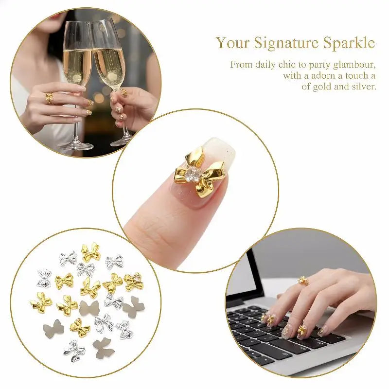 50pcs Gold Silver Brief French Bow Tie Bowknots Ribbon Resin Nail Art Rhinestones Decorations Manicure Imitation Metal Charms Peaceful Pleasures Health and Wellness
