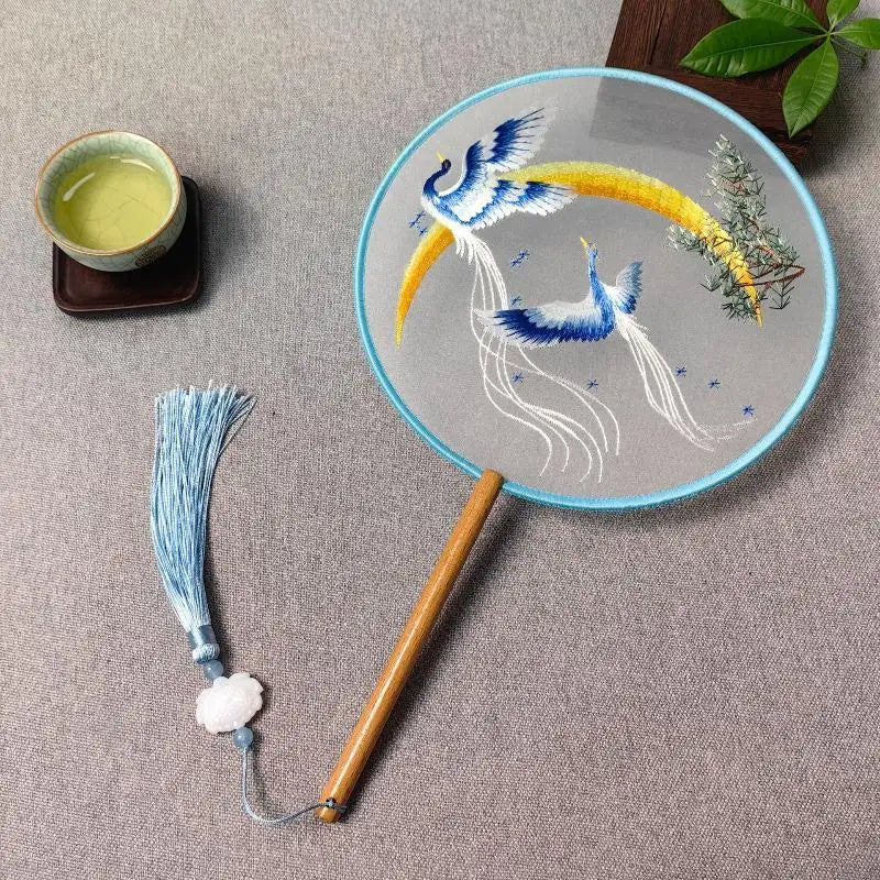 Su Embroidery Silk Round Hand Fan – Wooden Handle & Tassel