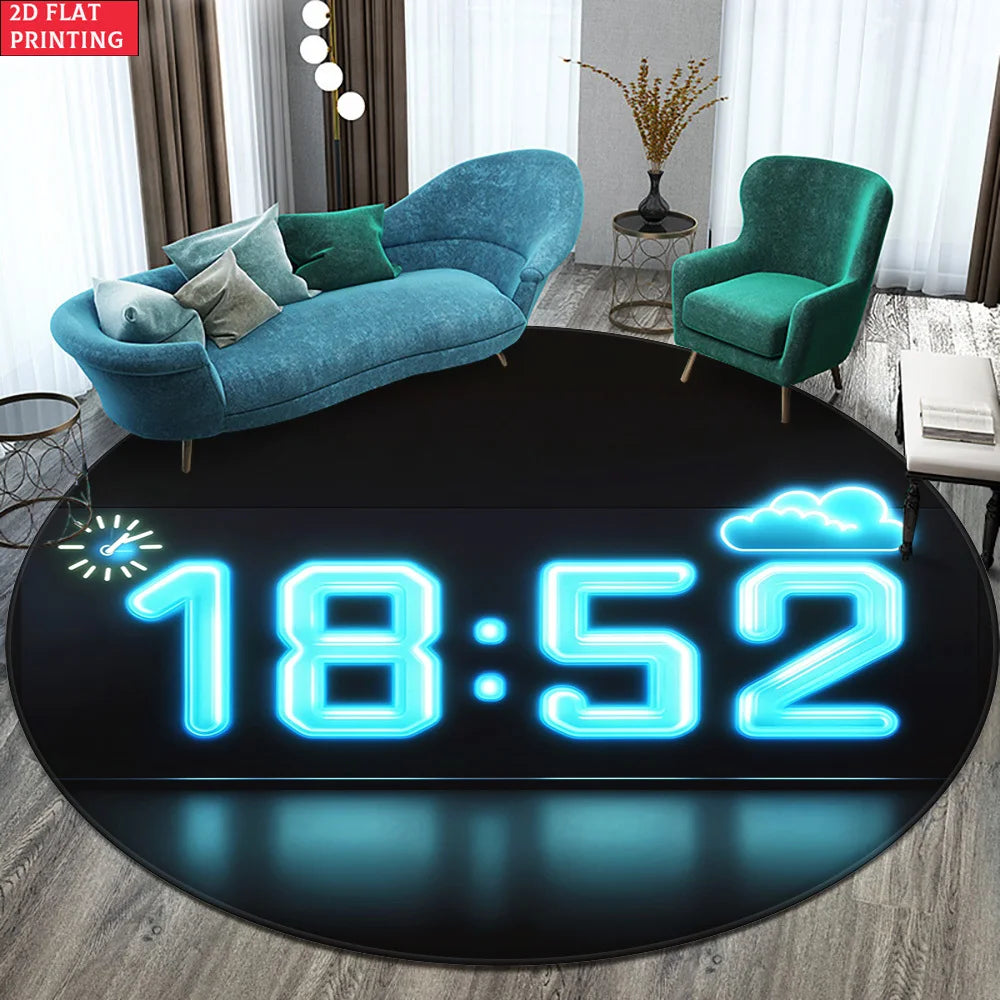 1pc Digital Clock Design Round Rug for Modern Living Room Decor 2D Flat Printed Floor Mat Non-Slip Home Decoration Peaceful Pleasures Health and Wellness