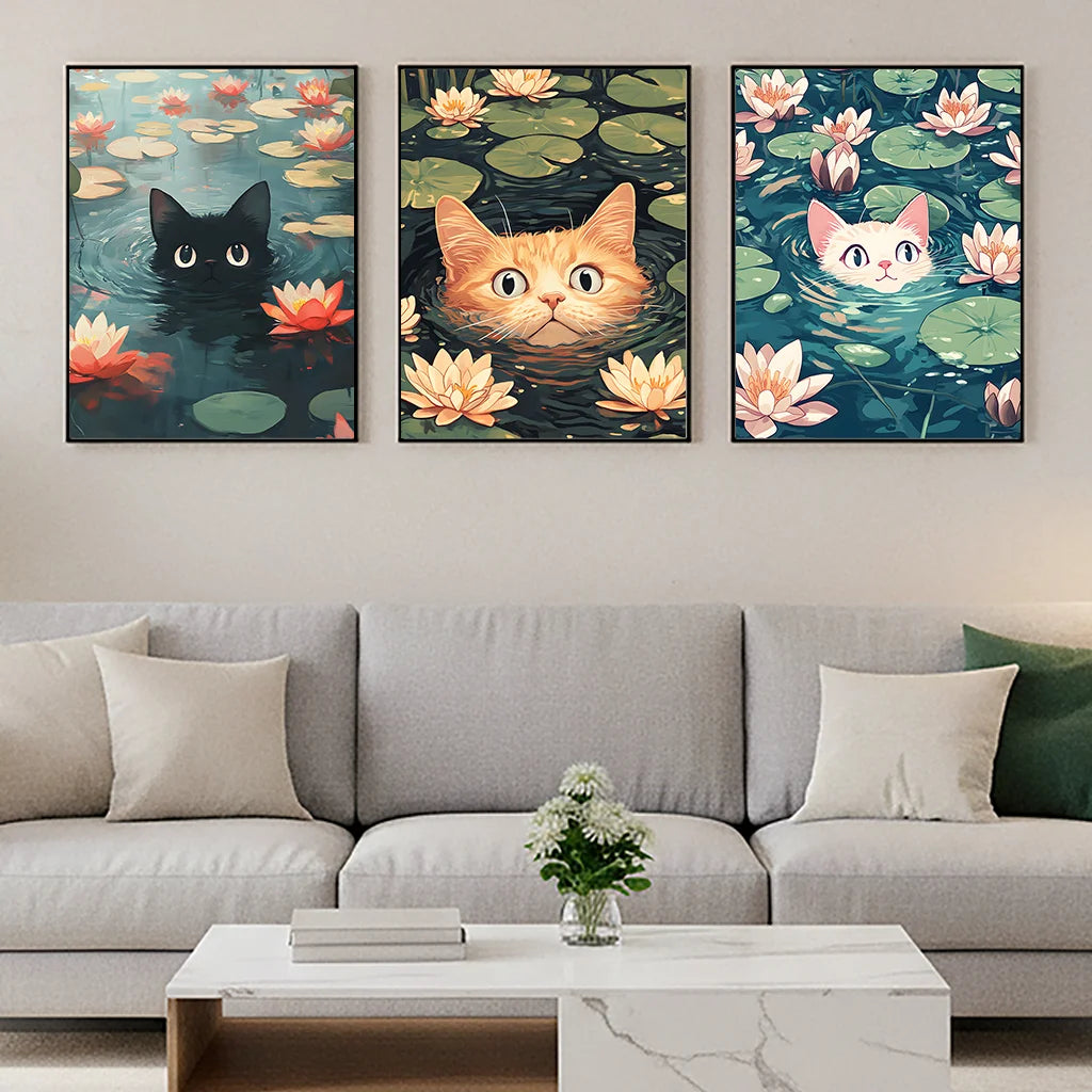 Vintage Animal Wall Art, Impressionist Water Lily Cat Canvas Painting, Nordic Poster Print for Bedroom Living Room Wall Decor Peaceful Pleasures Health and Wellness