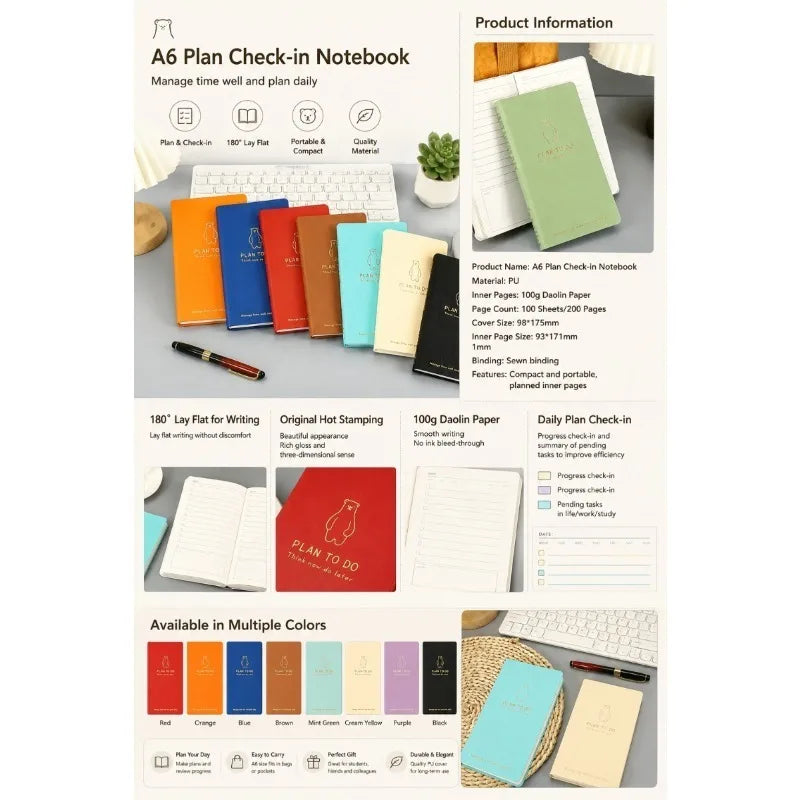 A6 Daily Planner Notebook Cute Bear PU Leather Do Journal 180 Lay