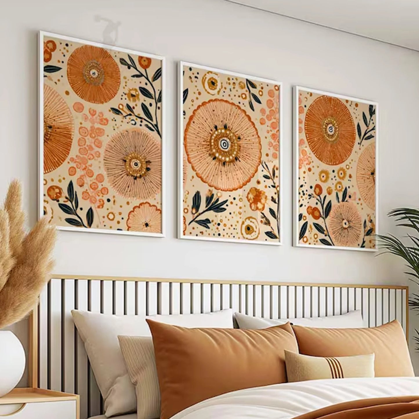 3-Piece Boho Floral Canvas Wall Art | Orange & Beige Abstract Print