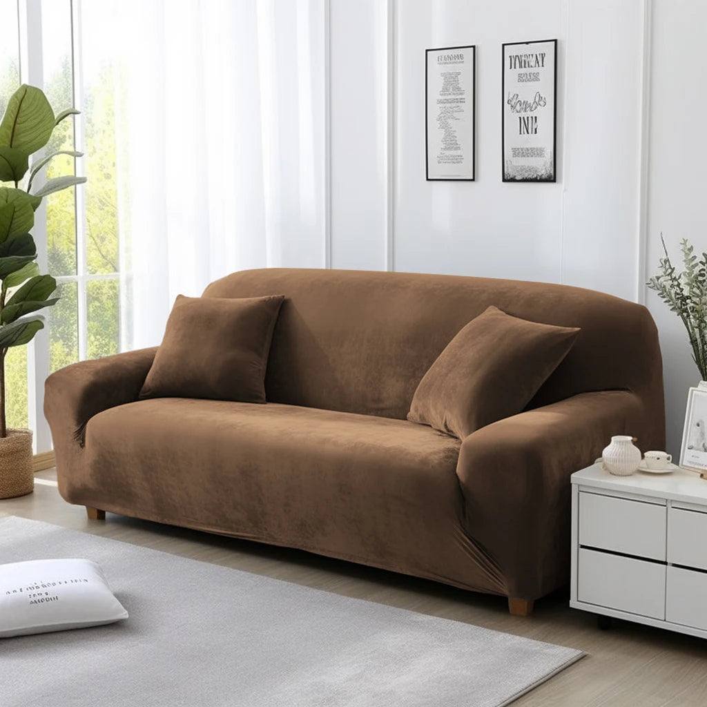 Thick Velvet Sofa Covers 1 2 3 4 Seater Stretch Non-Slip Couch Cover Furniture Protector Plush Sofa Slipcovers with 1 Pillowcase Peaceful Pleasures Health and Wellness Khaki 1seat (90-140cm)