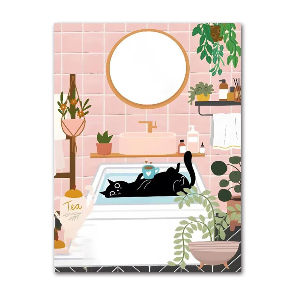 Funny Black Cat Toilet Canvas Wall Art | Bathroom Decor