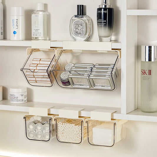 Space Saving Under Mirror Cabinet Drawer Organizer Transparent Storage Box for Bathroom Cosmetics Cotton Pads Lipstick Swabs Peaceful Pleasures Health and Wellness