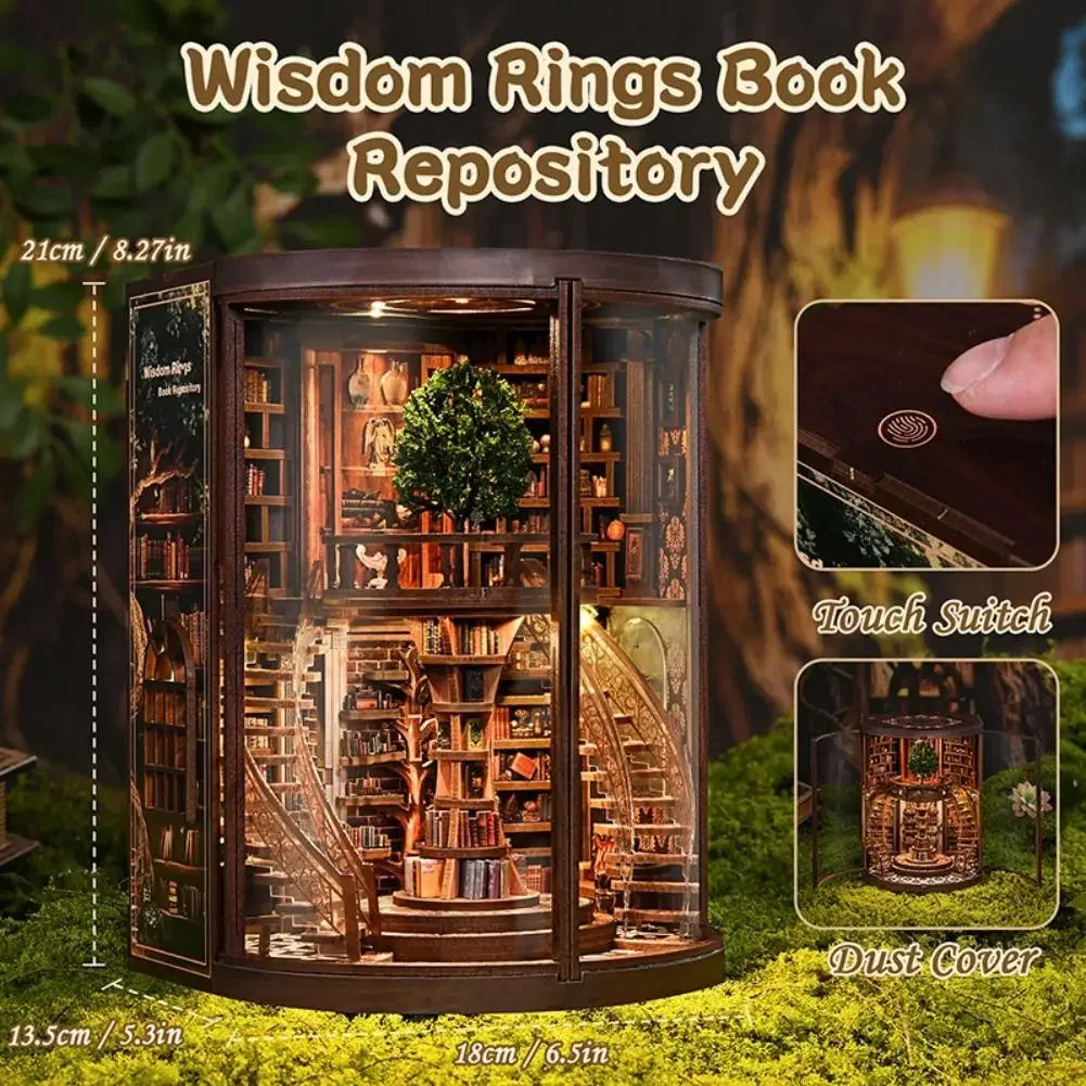 DIY Wooden Book Nook Figurines Miniatures Wisdom Rings Book Repository Bookend Home Decor Crafts For Friends Birthday Gifts Peaceful Pleasures Health and Wellness
