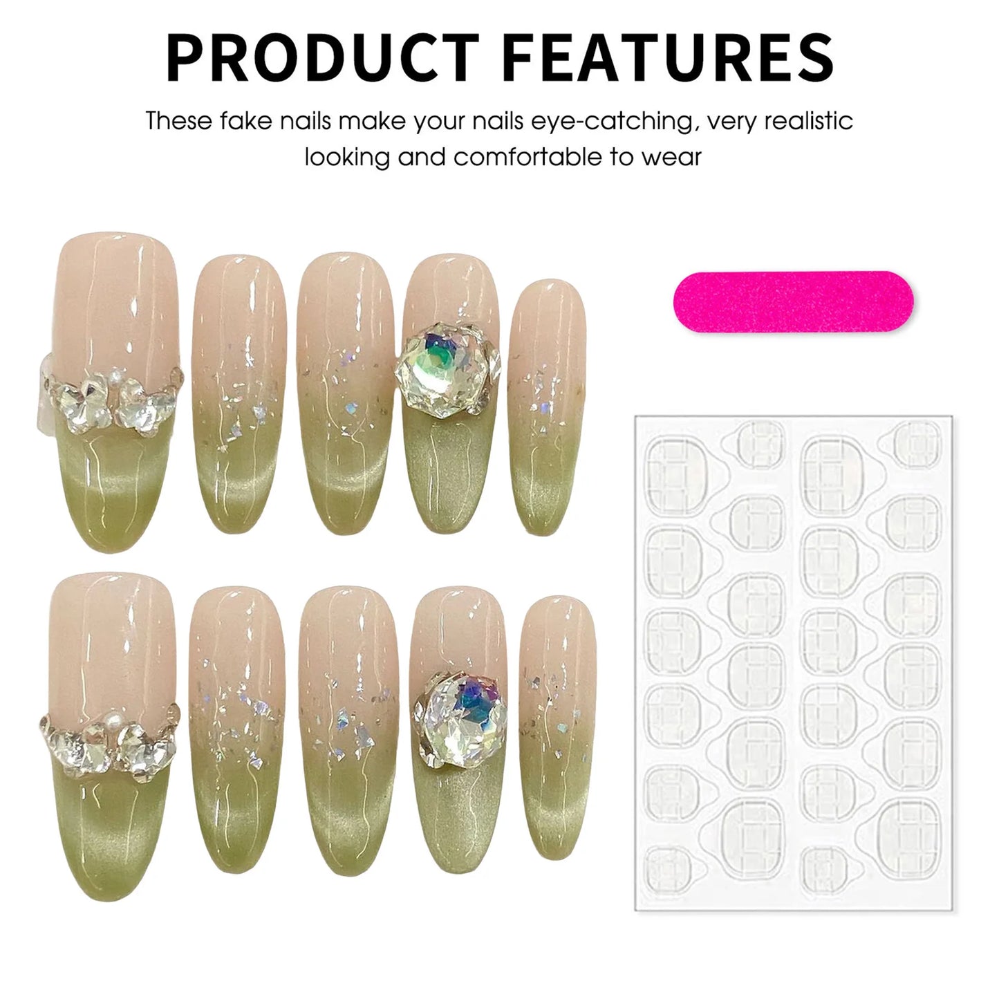 Press On Nails Matcha Green Cat Eye Rhinestones Long Oval 10pcs