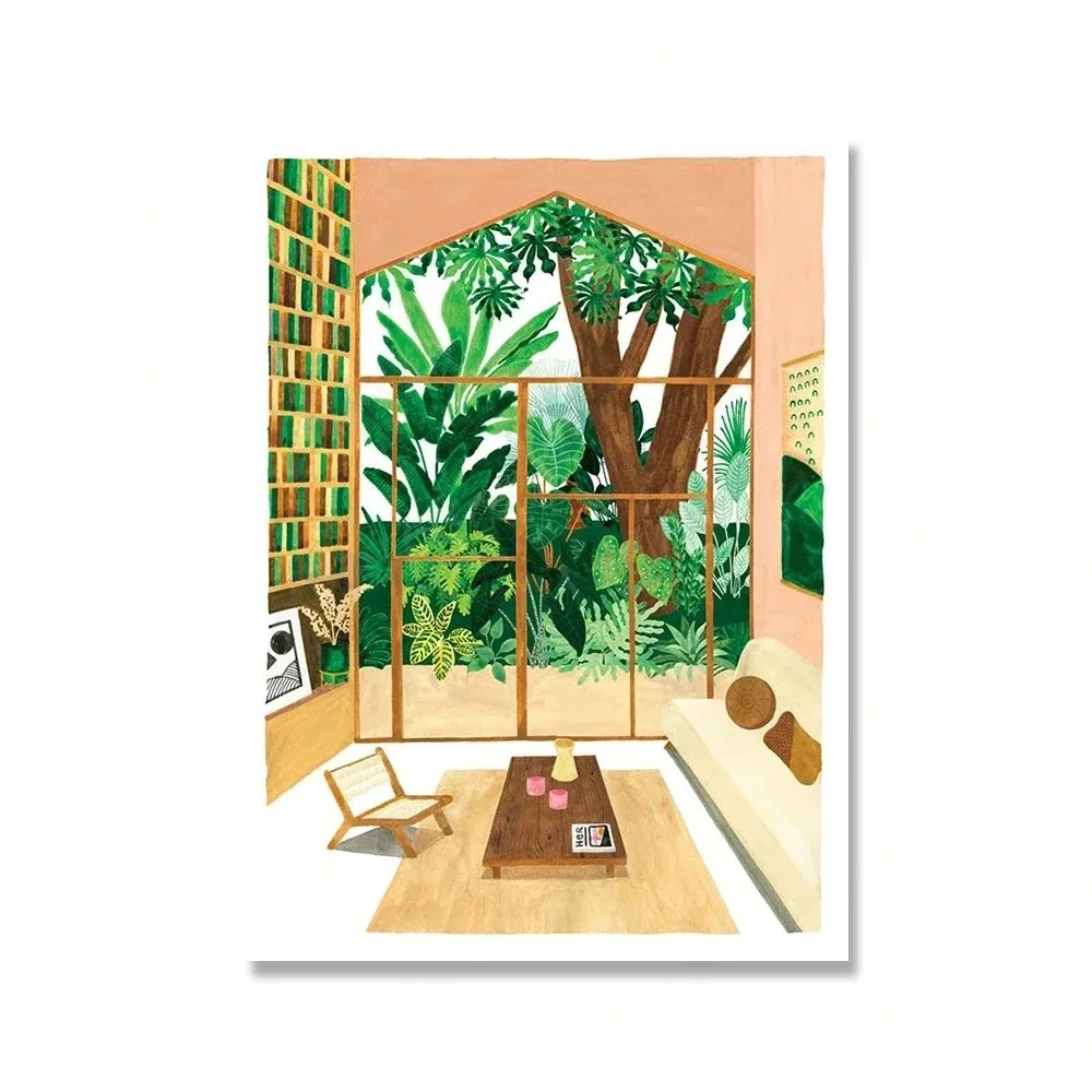 (1pc frameless)Green Botanical Porch Summer Shower Waterfall Wall Art Canvas Painting Nordic Poster Print Picture For Living Peaceful Pleasures Health and Wellness 6 50x70cm Unframed