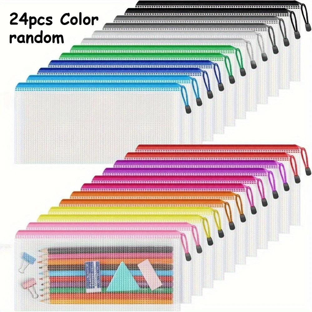 24-Pack Mesh Zipper Pencil Pouches – 12 Colors, Bulk Travel Set