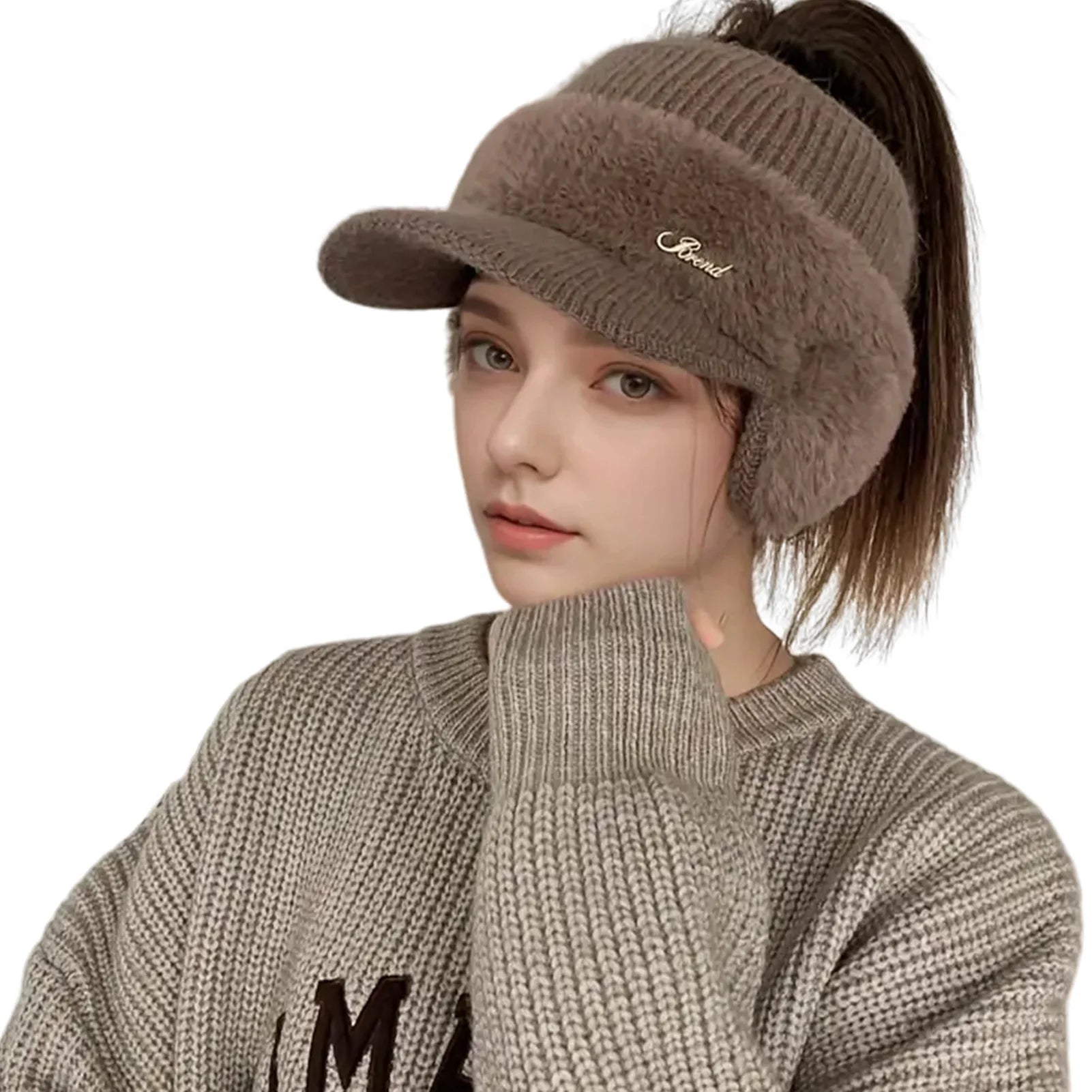 Knitted Ponytail Ear Protection Hats Breathable & Cozy Stretchy Knitted Baseball Hats for Leisure Walking Performance Peaceful Pleasures Health and Wellness Khaki