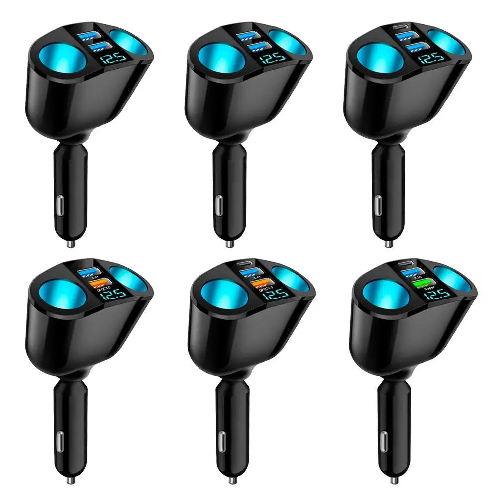 120W Car Charger USB-C QC3.0 Dual USB with LED Voltage Display