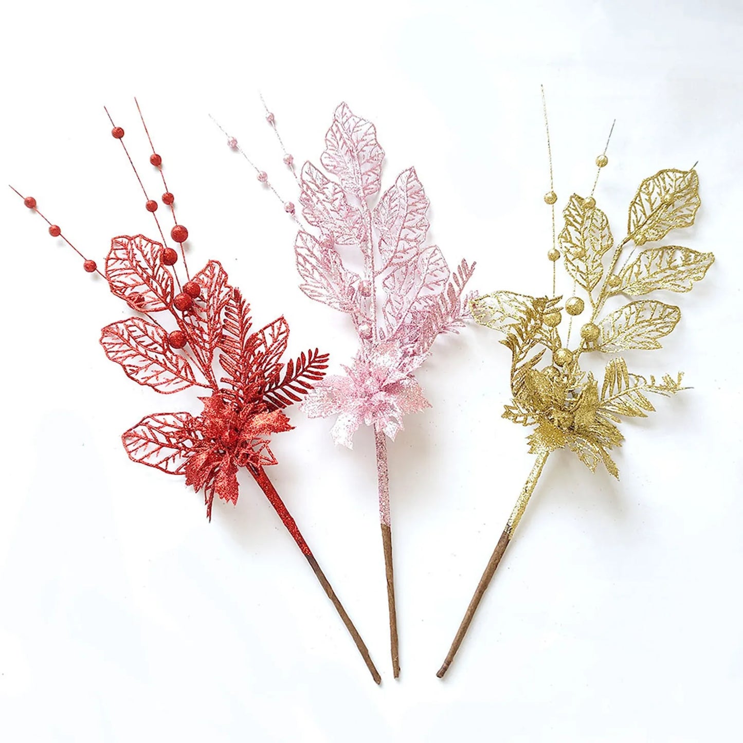 Christmas Tree Decoration Gold Lily Branch Home Decor Xmas Artificial Flower Leaves Berry Plug-In Glitter Fake Berries Branches Peaceful Pleasures Health and Wellness
