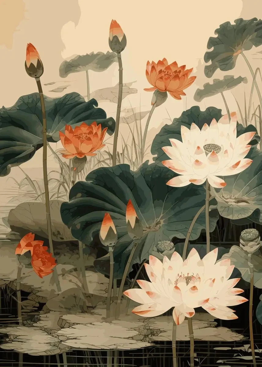 Chinese Lotus Flower Canvas Wall Art Print | Unframed Poster
