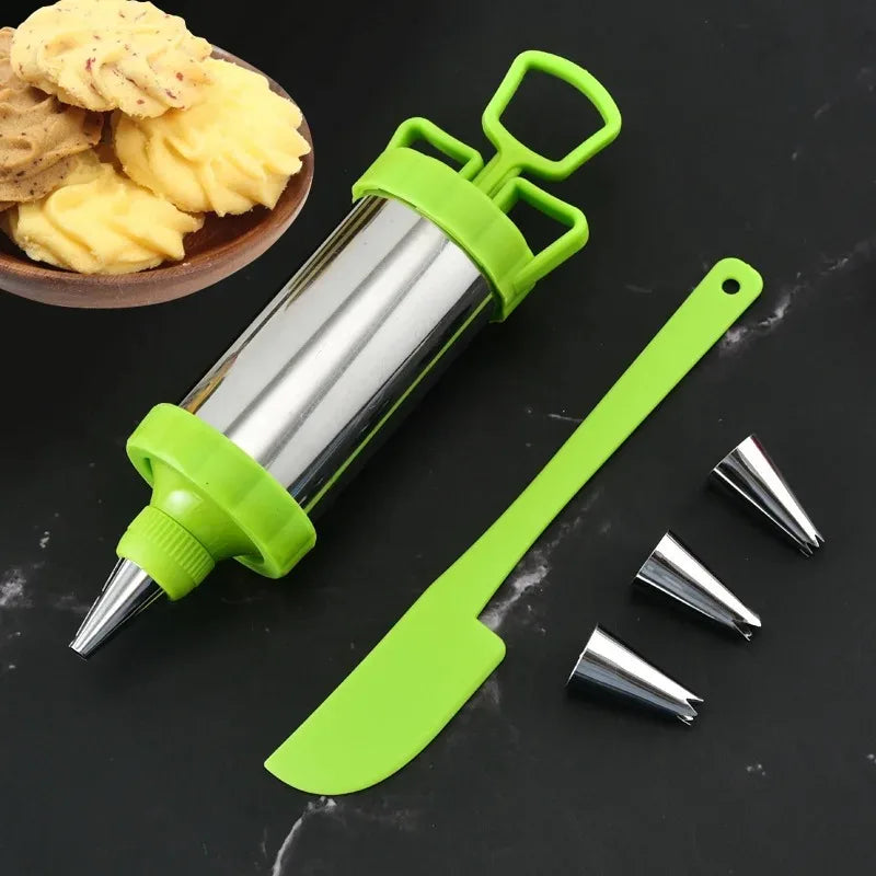 Stainless Steel Cookie Decorating Gun Set | 3 Nozzles & Scraper for Cookies, Cream & Pastry