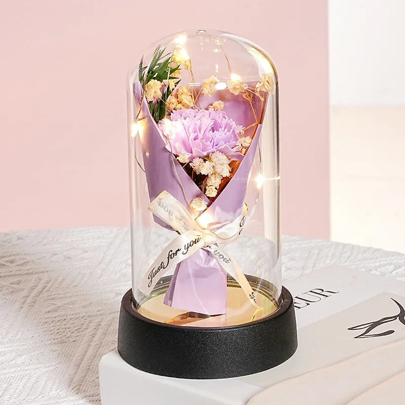 Romantic Gift Everlasting Rose LED Glass Dome Bouquet Romantic Illuminated Ornament Perfect Valentine's Day Christmas Home Decor Peaceful Pleasures Health and Wellness J