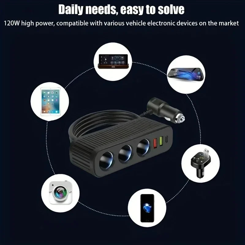 120W 6-in-1 Car Charger Splitter – QC3.0 & PD Fast Charging
