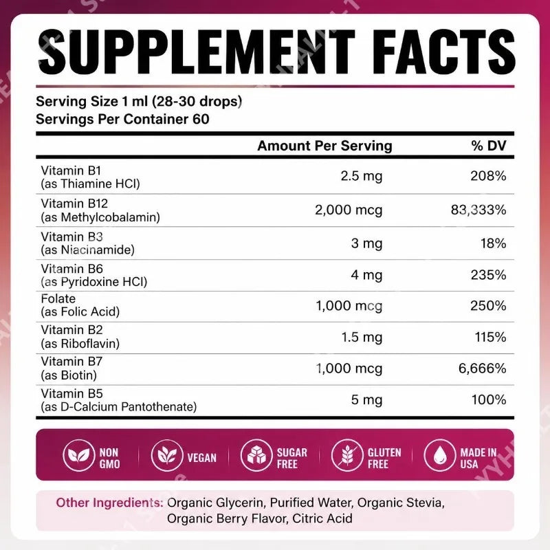 8-in-1 Organic Vitamin B Complex Liquid Drops | B12 Biotin 60mL