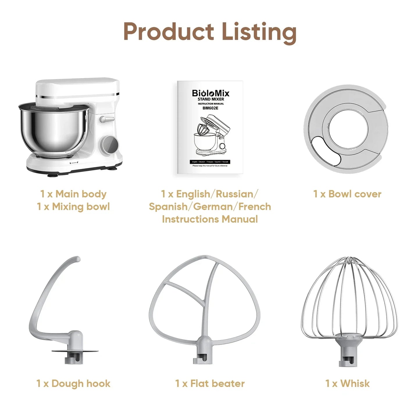 BioloMix 1200W Stand Mixer – 11-Speed, OLED Touch, Tilt-Head, 5L Stand Mixer BioloMix