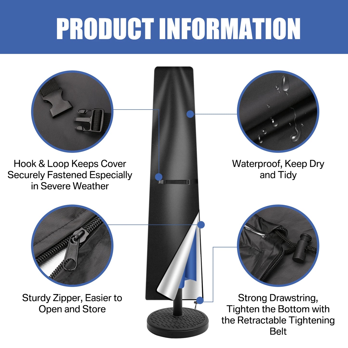 210D Oxford Waterproof Patio Umbrella Cover with Zipper & Rod