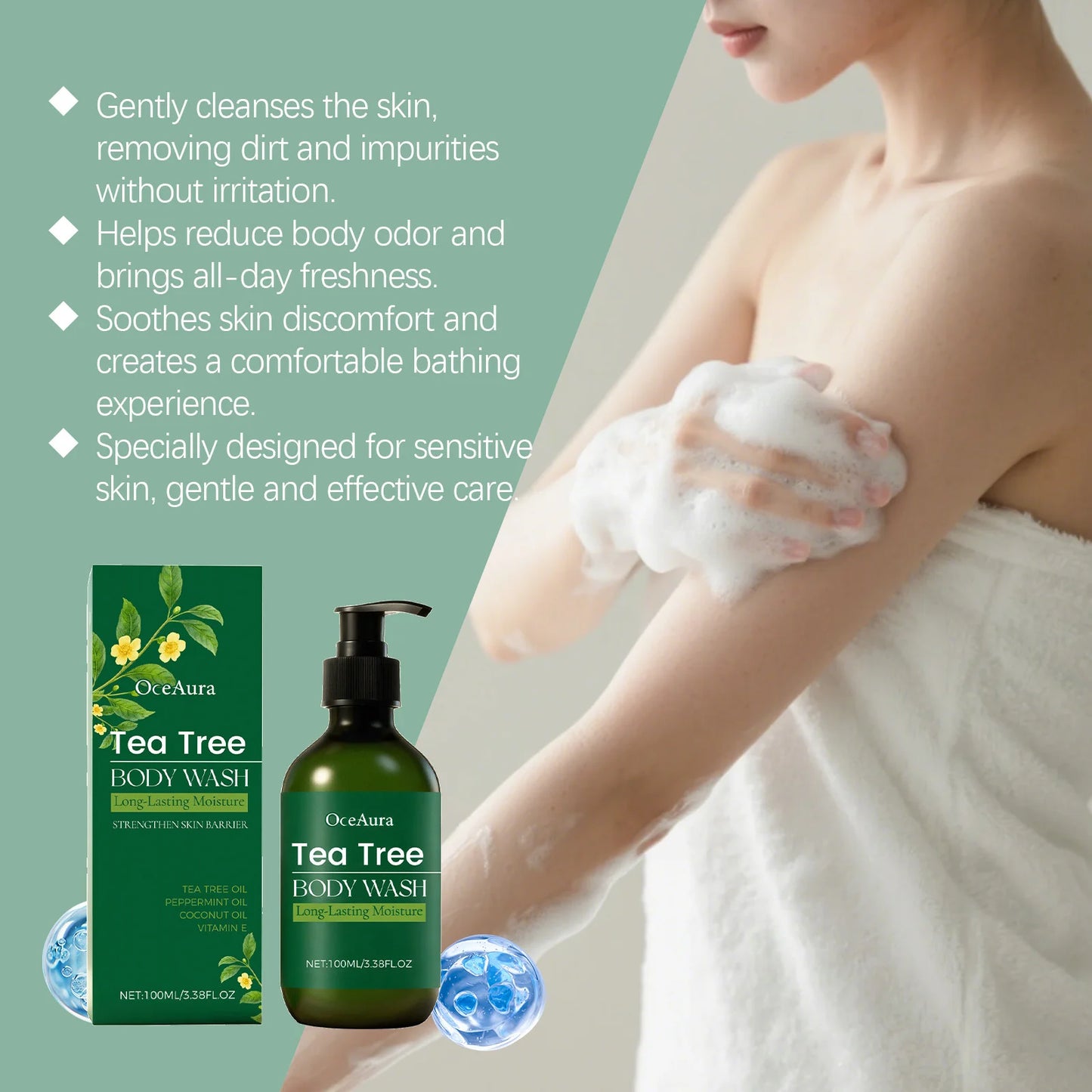 Tea Tree Shower Gel Gentle Cleansing Moisturizing Smoothing Refreshing Brightening Acne Treatment Fragrance Soothing Body Wash Peaceful Pleasures Health and Wellness