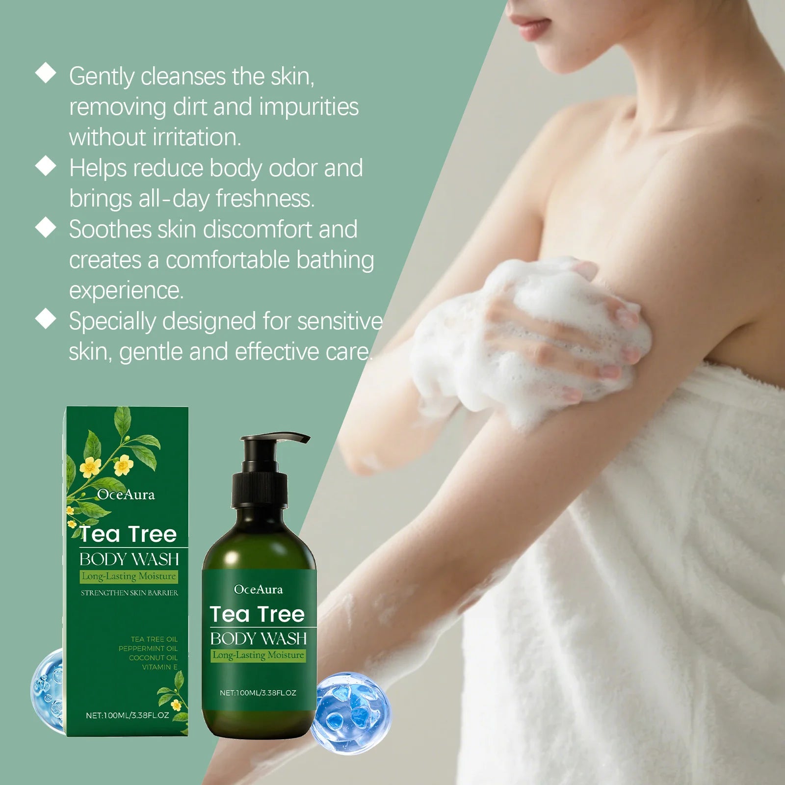 Tea Tree Shower Gel Gentle Cleansing Moisturizing Smoothing Refreshing Brightening Acne Treatment Fragrance Soothing Body Wash Peaceful Pleasures Health and Wellness