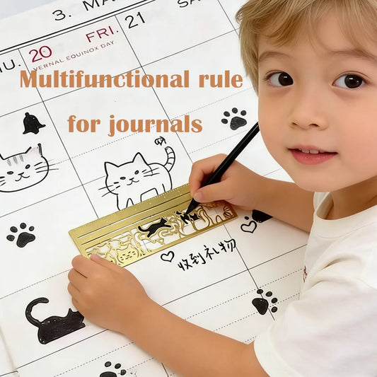 Cat Pattern Multi Functional Hand Account Ruler - Straight Ruler Decorative Template Tool for Journaling Scrapbooking Stationery Peaceful Pleasures Health and Wellness