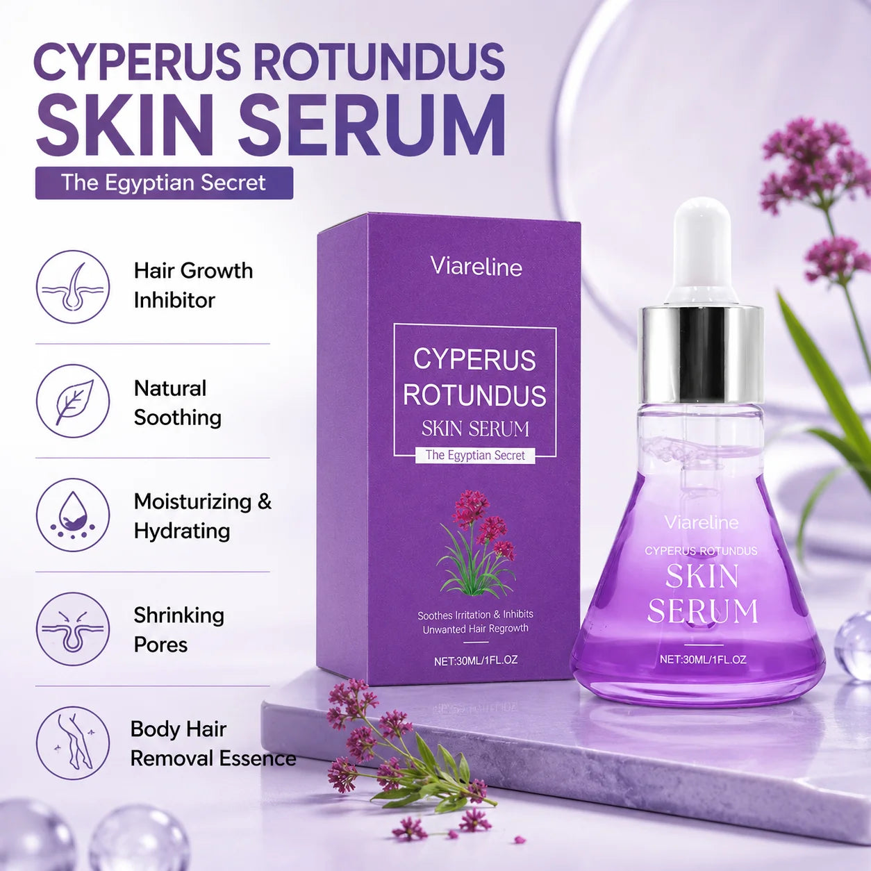 Cyperus Rotundus Skin Serum 30ml – Natural Hair Inhibitor Remover Essence, Soothes Irritation & Moisturizes Body Face Peaceful Pleasures Health and Wellness