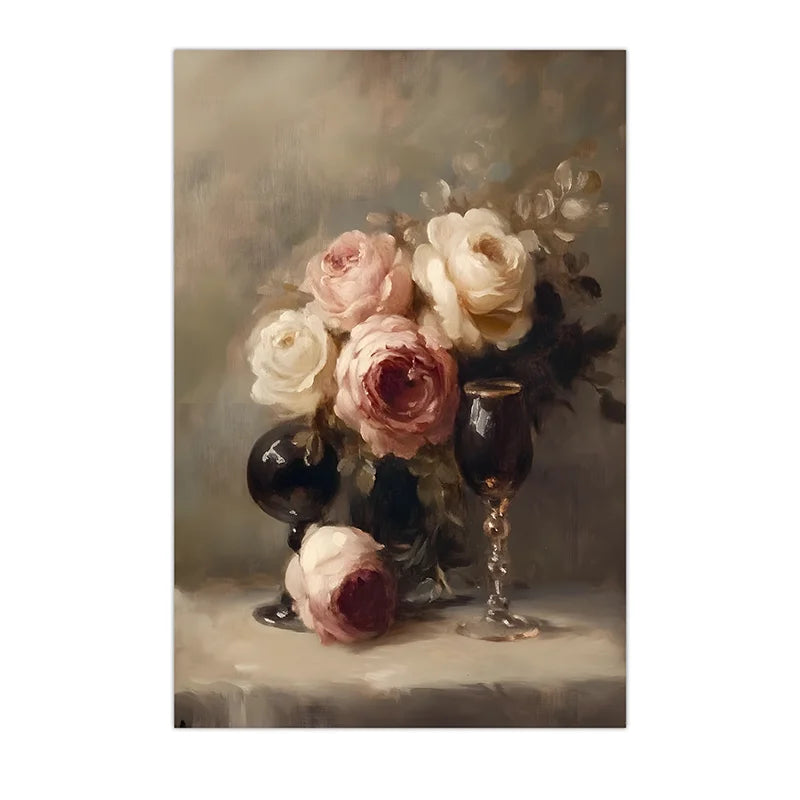 Vintage Wall Art, Rose Floral Oil Painting Canvas Painting, Neutral plant Poster Print for Bedroom Living Room Wall Decor Peaceful Pleasures Health and Wellness 02 50x70cm NoFrame China Mainland