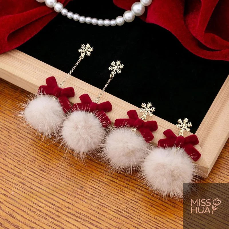 Pompom Bowknot Plush Drop Earrings | Christmas & New Year Gift