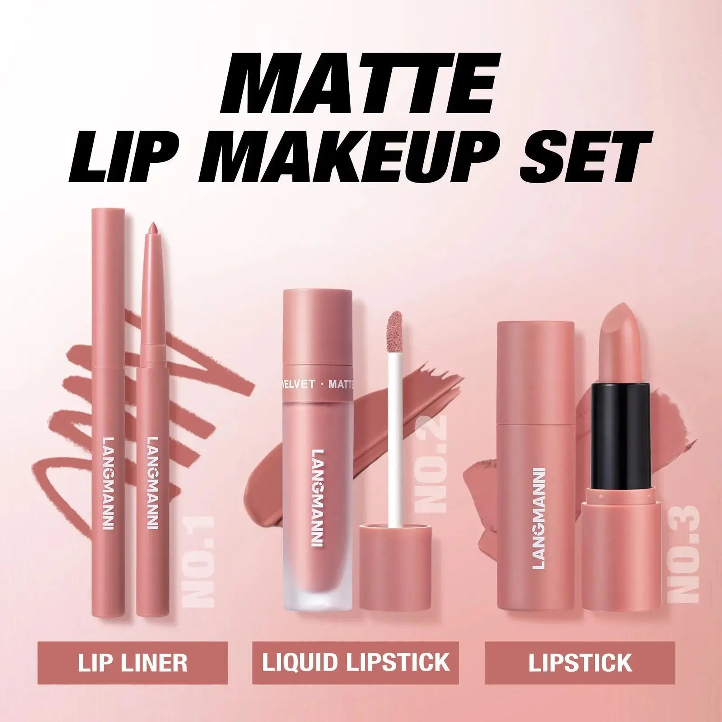 LANGMANNI 3-Piece Matte Lip Kit – Liquid Lipstick & Lipliner