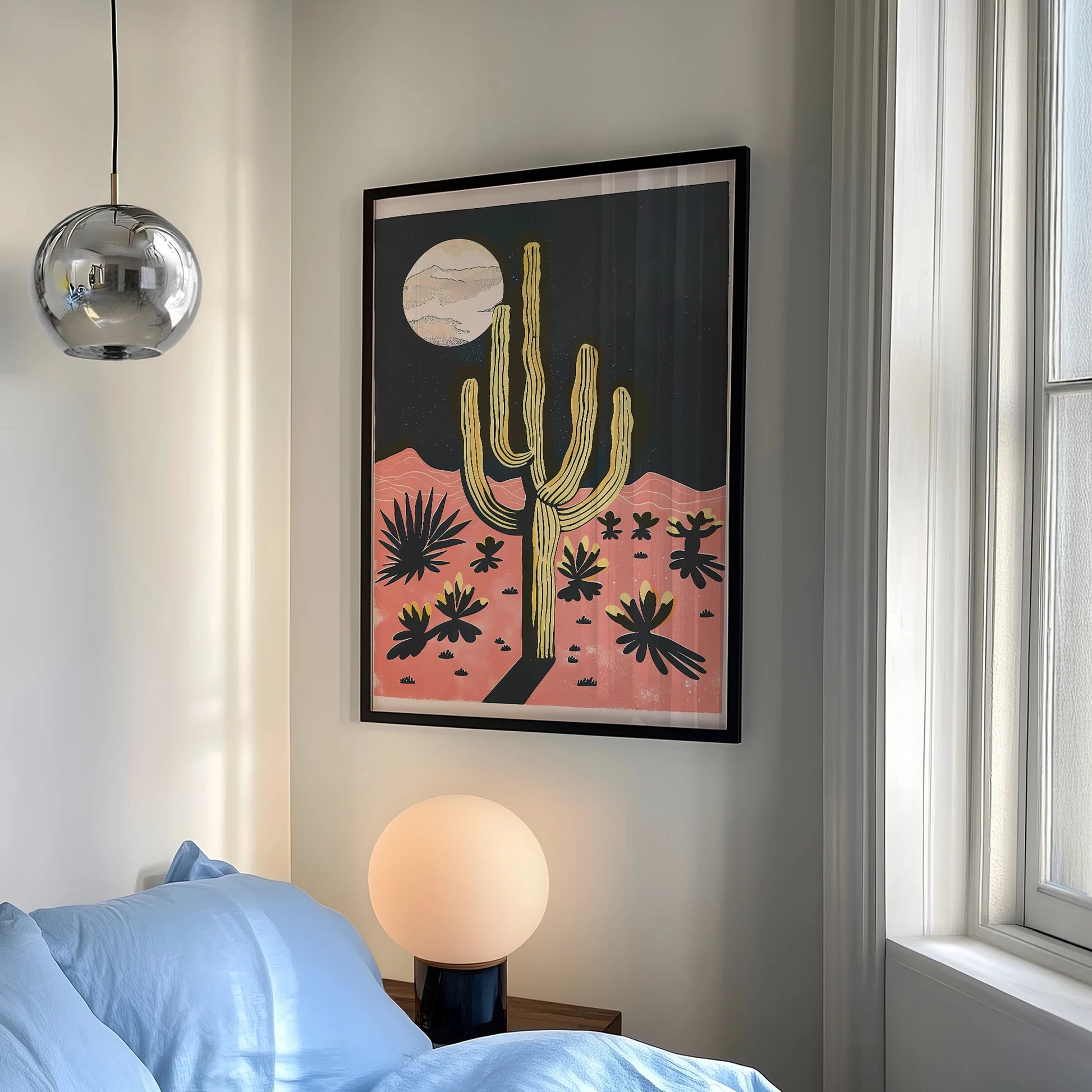 Modern Desert Night Moon Giant Cactus Wall Art Aluminum Frame Prints Canvas Painting Poster Picture For Living Room Home Decor Peaceful Pleasures Health and Wellness