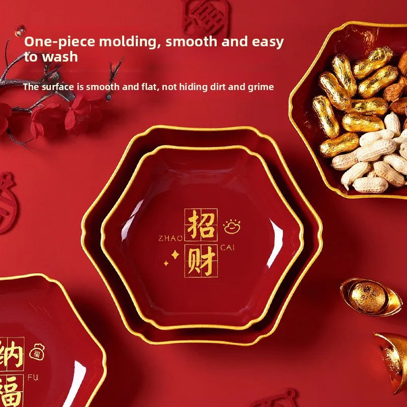 Hexagonal Fruit Plate Nafu Zhaocai Series Melamine Material New Year's Wedding Home High End Gold Edged Dried Fruit Snack Plate Peaceful Pleasures Health and Wellness