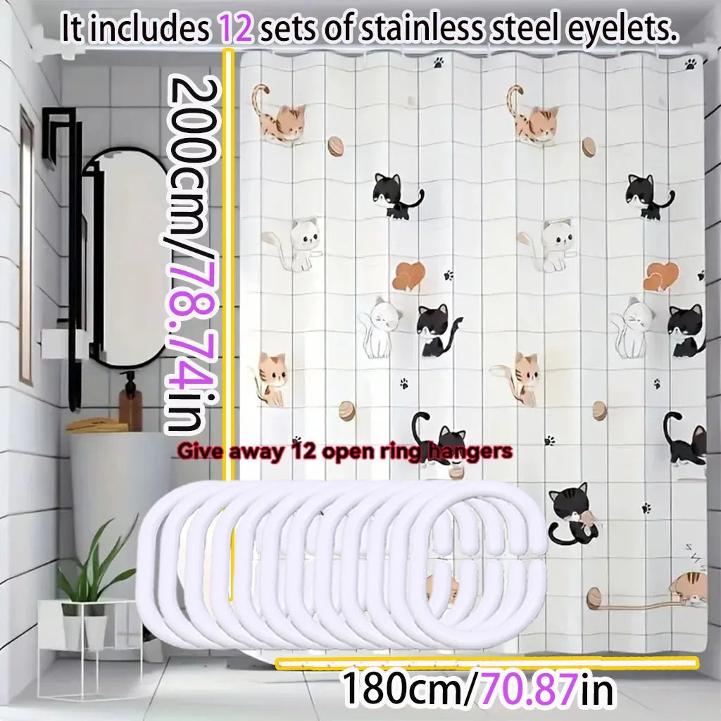 Cartoon Cat PEVA Shower Curtain – Waterproof, Easy to Clean