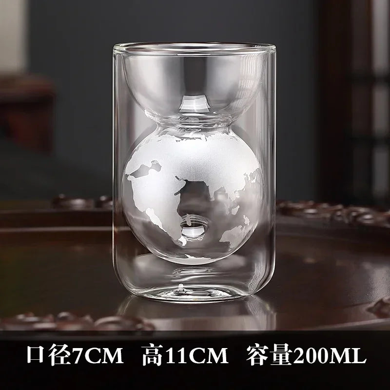 Double Layer Insulated Glass Water Cup Home Anti Scald Creative Earth Cup Men's and Women's High-end Personal Tea Cup Peaceful Pleasures Health and Wellness Silver 200ml